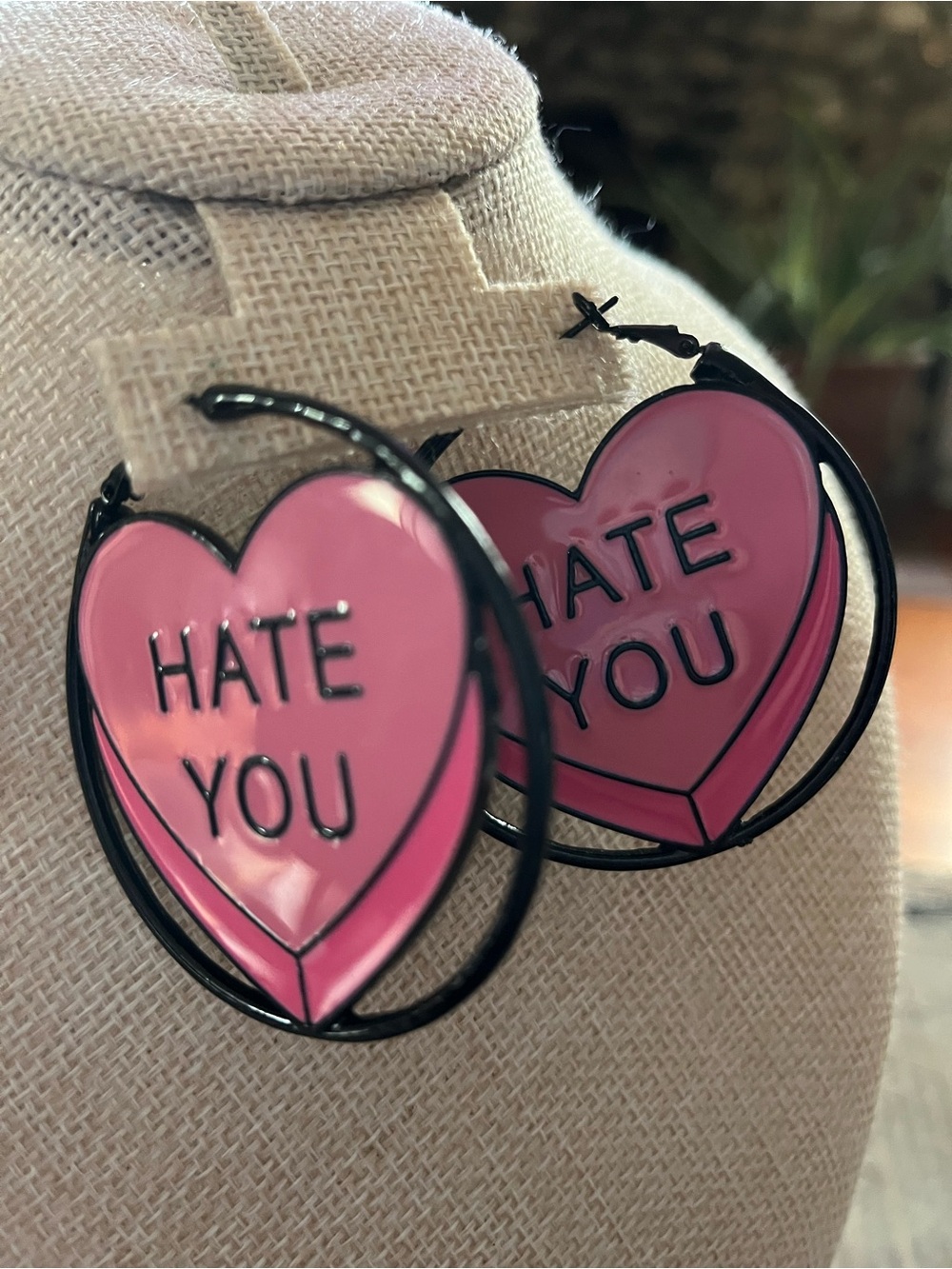 Pink Conversation Heart 'HATE YOU' Hoop Earrings